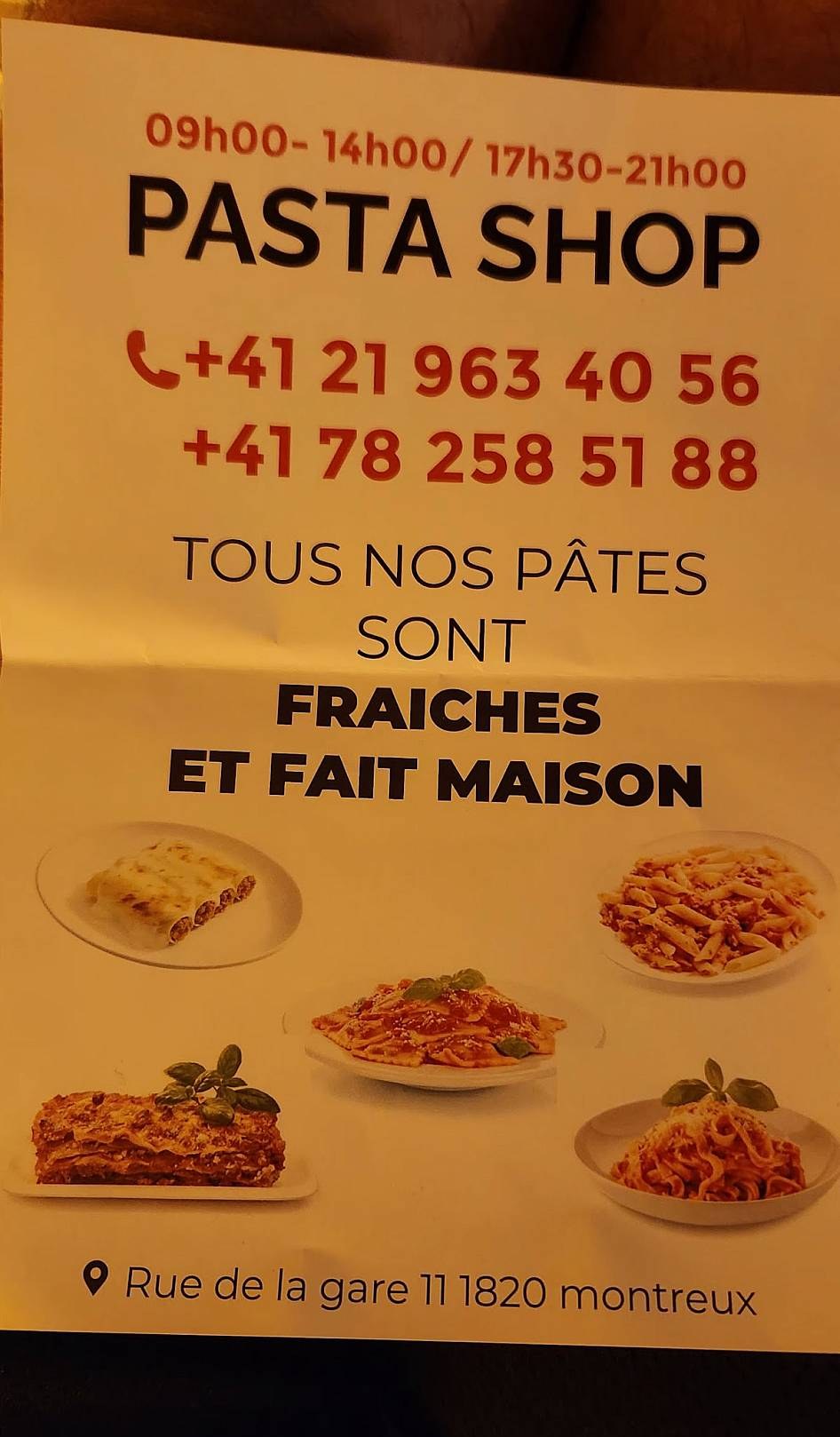 Photo du menu du Pasta Shop, Rue de la Gare 11, Montreux.